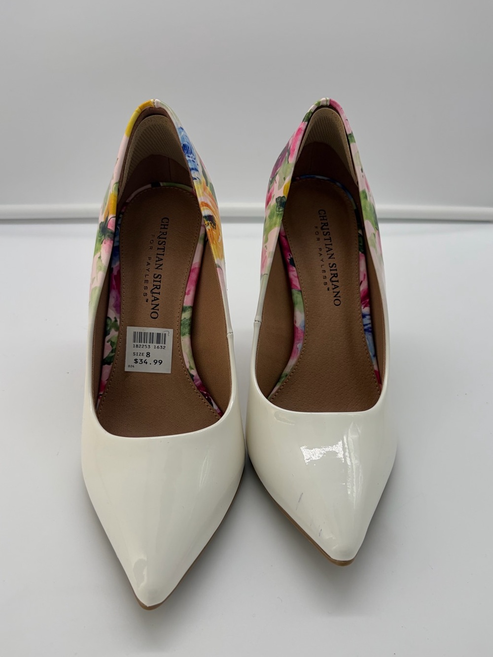 Christian Siriano White Patent Pointed-Toe Pumps with Floral Interior (NO BOX)